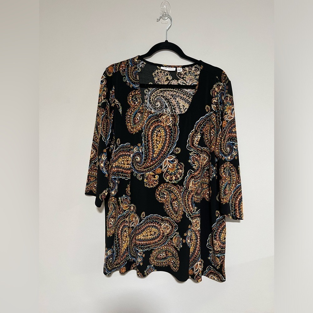 Susan Graver Liquid Knit Square Neck Paisley Boho Top Size 1X Stretch